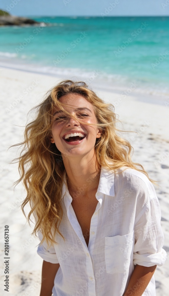 Obraz premium Vertical portrait of a young blonde woman laughing on a tropical beach. Happy female in white linen shirt enjoying summer vacation. Joy and carefree lifestyle concept