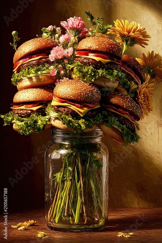 Bouquet of hamburgers arranged as flowers in a vase, surreal food art concept. Ai Generative