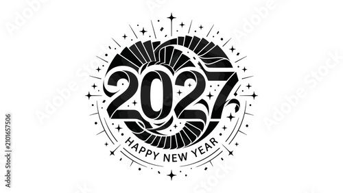 Bild auf Leinwand New Year 2027 Celebration Emblem: A striking circular emblem in black and white heralds the arrival of the New Year 2027, adorned with decorative elements and the inscription Happy New Year