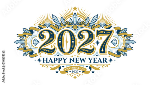 Foto Elegant New Year 2027 Design: A decorative design announces Happy New Year 2027 with ornate calligraphy, shimmering gemstones