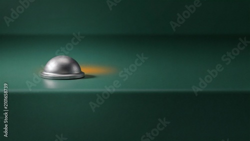 A silver cloche with warm orange light on a green surface, suggesting a restaurant or formal dining setting.