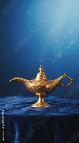 Ornate golden oil lamp on blue velvet