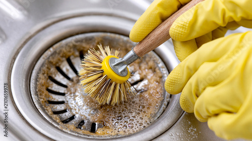 A close-up shot of gloved hands scrubbing built-up grime from a kitchen sink drain with a small brush.