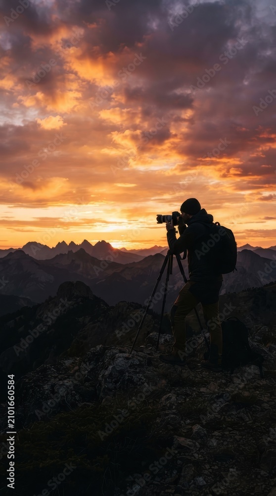 Fototapeta premium Photographer capturing sunset on mountain summit