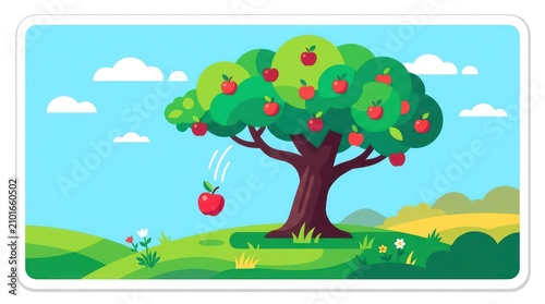 Single red apple falling from green tree in minimalist cartoon style landscape background.