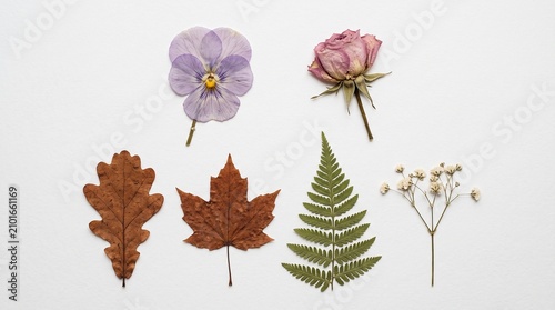 Beautiful collection of six pressed flowers and dried leaves, a delicate botanical assortment for natural design elements. Vintage floral and foliage flat lay