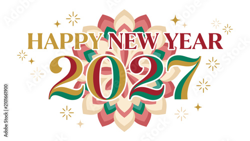 Canvastavla Happy New Year 2027 Celebration: A festive graphic design proclaiming Happy New Year 2027 with a stylized floral mandala and sparkling accents, symbolizing hope and new beginnings for the year ahead
