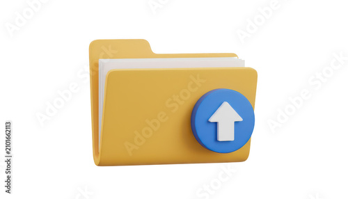 3d yellow folder icon with a blue upload button symbol