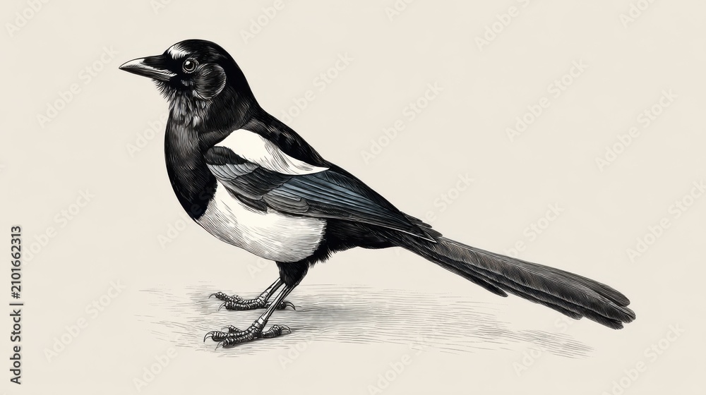 Obraz premium Detailed Illustration of a Black and White Magpie Perched on Surface