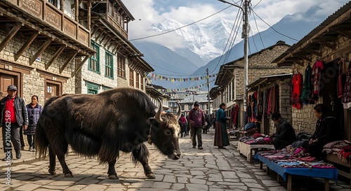 Large Black Yak Walking Through Mountain Village Market Street