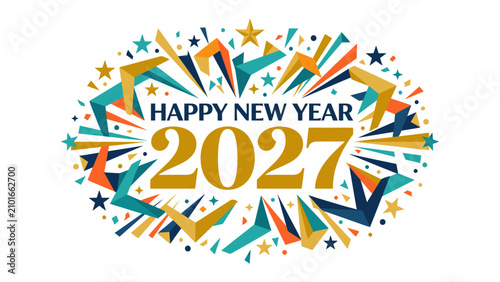 Cuadro en lienzo Happy New Year 2027 Graphic: A vibrant and celebratory graphic design proclaiming Happy New Year 2027 with a burst of colorful fireworks, confetti, and star shapes