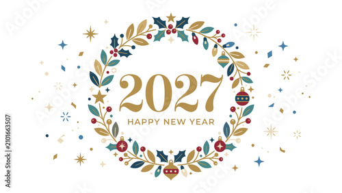 Obraz na płótnie New Year 2027 Wreath: A festive wreath adorns the number 2027, surrounded by sparkling stars and confetti, heralding the arrival of the Happy New Year