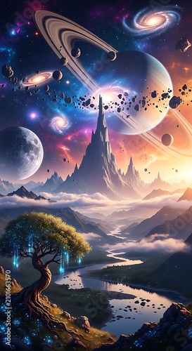 Surreal Alien Planet Landscape with Ringed Worlds and Glowing Tree in Fantasy Space Scene