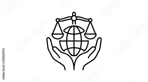 Justice Scales Over Globe Held by Hands Icon - Global Law and Human Rights Concept