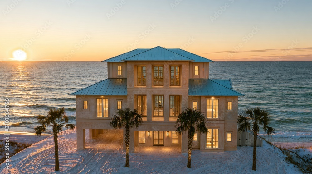 Fototapeta premium Luxurious beachfront home illuminated against a sunset, flanked by palm trees