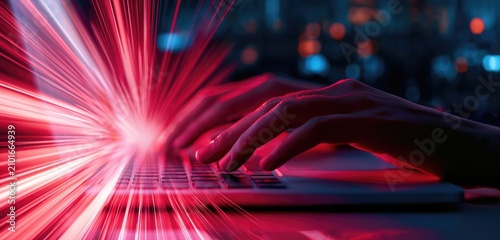 Typing on laptop with glowing red light streaks emanating from screen