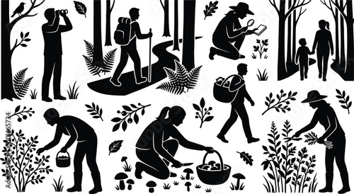 Canvastavla Black silhouettes of people hiking, foraging mushrooms, picking berries, and exp