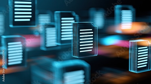 Digital documents float in abstract, glowing network of data streams