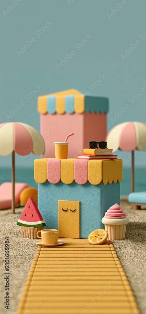 Fototapeta premium Colorful beach pier with umbrellas on summer day. Miniature boardwalk extending into the sea with striped umbrellas under a clear sky