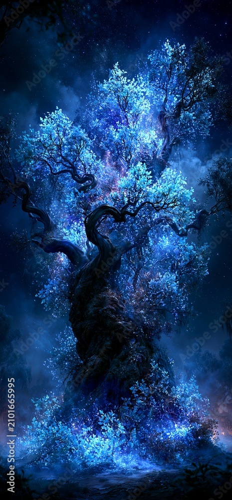 Obraz premium Fantasy magic tree glowing under dark starry night. Magic tree glowing luminous blue light in a mystical dark fantasy night landscape