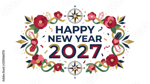 Quadro su tela Happy New Year 2027 Floral Wreath: A festive and elegant Happy New Year 2027 greeting encased in a vibrant floral wreath adorned with compass motifs, crystals, and confetti