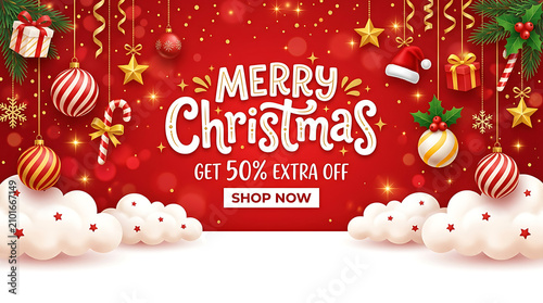 Christmas sale banner red background 50 percent off discount