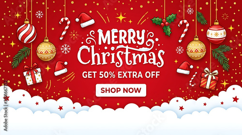 Christmas sale banner with red glitter background ornaments and text