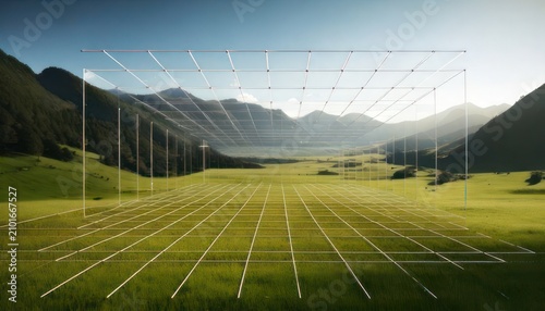 Futuristic Grid Overlay on a Serene Mountain Landscape with Green Fields.