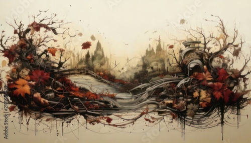 Surreal Autumn Landscape with Abstract Elements and Dark Forest Imagery.