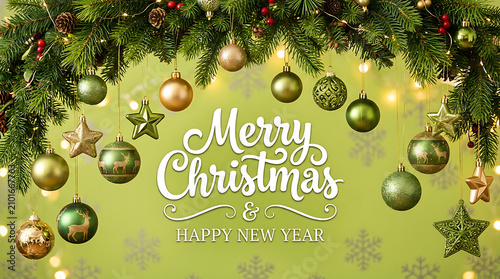 Merry Christmas Happy New Year Banner with Evergreen and Ornaments