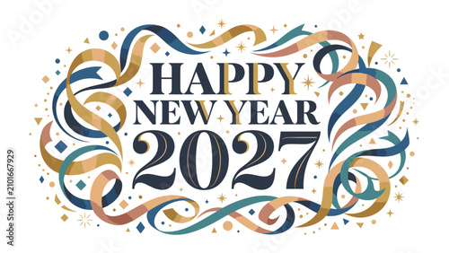 Quadro su tela Happy New Year 2027 Celebration: A festive and elegant design announces Happy New Year 2027 adorned with swirling ribbons, confetti, and shimmering stars