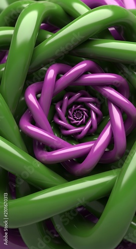 Glossy Purple and Green Abstract Tubes Forming Spiral Flower Pattern