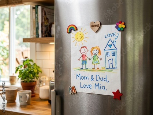 Childs Drawing of Family and Home on Refrigerator with Magnets.