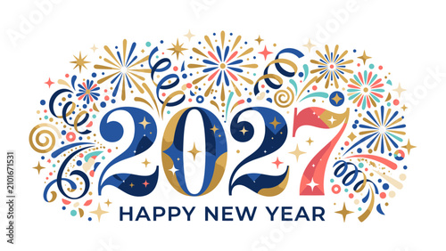 Bilde på lerret Happy New Year 2027: Festive fireworks and colorful confetti adorn the numbers 2027 and the greeting Happy New Year, signaling a joyous celebration and a fresh start
