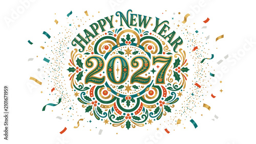 Fotografía Happy New Year 2027 Ornament: A festive and ornate circular design proclaims Happy New Year 2027 amidst a shower of colorful confetti and streamers, symbolizing celebration and new beginnings