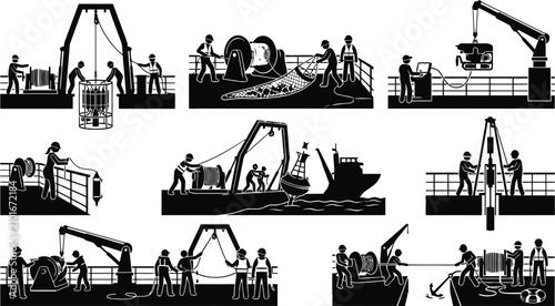 Tableau sur toile Vintage whaling ship crew working at sea