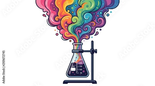 Colorful explosion of smoke from laboratory flask on stand, science and creativity.