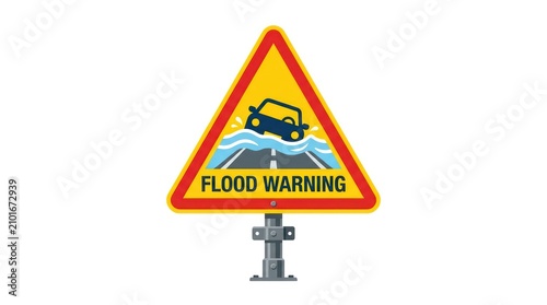 Flood warning road sign illustration with yellow background showing car driving in water.