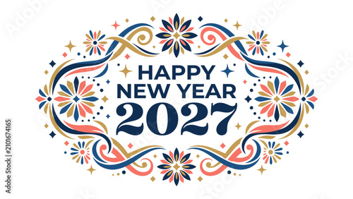 Cuadro en lienzo Happy New Year 2027 Greeting: A festive and ornate design proclaiming Happy New Year 2027, adorned with intricate floral patterns and sparkling stars