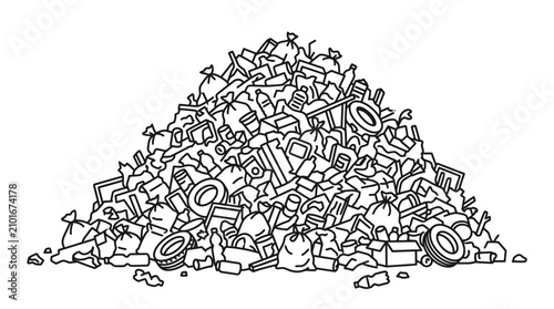 Pile of trash, garbage bags, plastic bottles, tires, and boxes, illustration