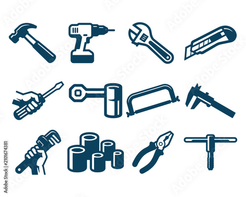 Hand Tools Collection Icon Set on White Background