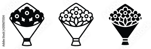 Flower bouquet icon set. Wedding bunch of flowers symbol for romantic anniversary gift, florist shop blossom delivery service, bridal celebration concept. Black and white vector illustration