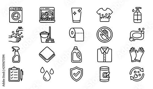 Tableau sur toile Household Cleaning and Personal Hygiene Outline Icons Collection with Laundry Eq