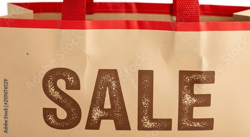 Beige Shopping Bag Displaying Bold Sale Text on White Background