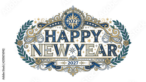 Принти на полотні Happy New Year 2027: Ornate decorative lettering proclaiming Happy New Year 2027 amidst swirling designs and laurel branches, symbolizing festive celebration and new beginnings