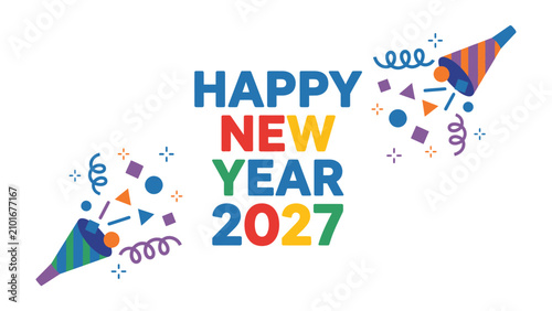 Foto Happy New Year 2027 Celebration: Festive confetti and party poppers explode in a vibrant display to mark the arrival of the New Year 2027, celebrating a fresh start and new beginnings