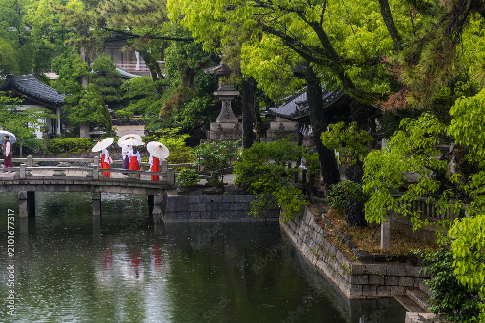 Fototapeta premium cuatro sacerdotisas japonesas bikshuni con su sombrilla tradicional sobre un puente de piedra en un dia lluvioso en osaka