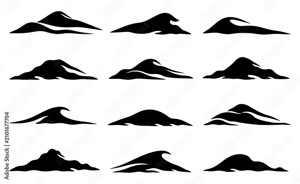 Fototapeta premium Sand dune silhouette set in black featuring twelve unique desert landforms with flowing wind shaped contours and natural landscape profiles