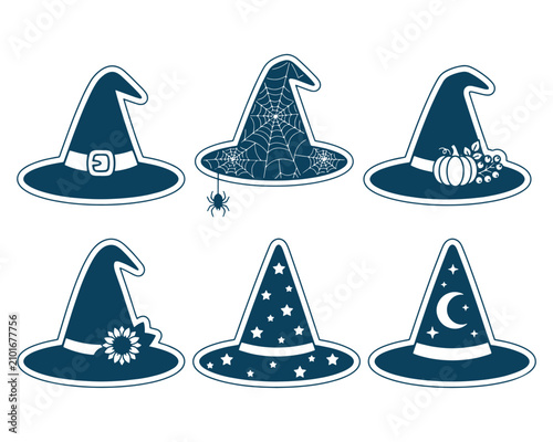 Halloween Witch Hat Silhouette Collection Vintage Magic Vector Illustration Set