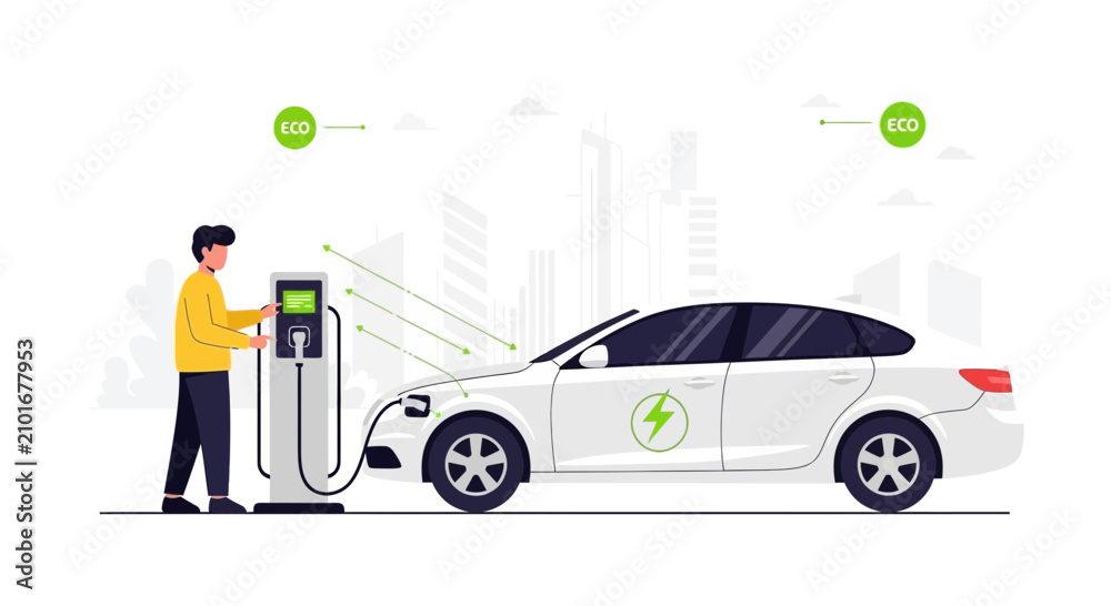 Naklejka premium Man charging electric car at charging station in modern city, eco friendly transport